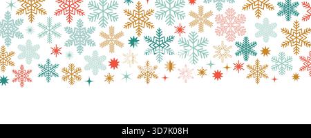 Merry Christmas horizontal border with snowflakes and stars in red, gold and green. Flat cartoon style on white background with empty space beneath, p Stock Vector