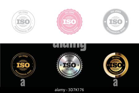 Psychosocial Risks ISO 45003. ISO standard certificate, logo, seal, icon, stamp, badge vector. Stock Vector