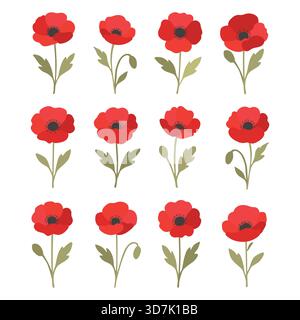 Set of flat style cartoon poppy flowers Stock Vector