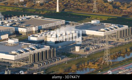 Aerial Vertical View: Massive Data Center Cooling Systems. Stock Photo