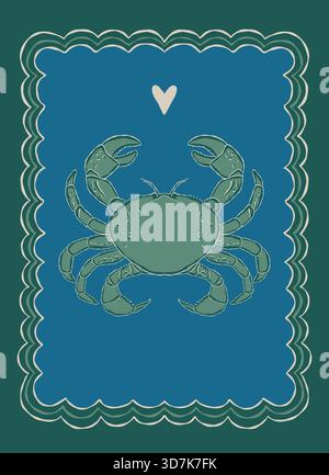Hand drawn green crab illustration inside a blue wavy frame with a heart symbol Stock Vector