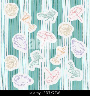 Seamless pattern with beach stickers umbrella chair and cocktails on stripes Stock Vector