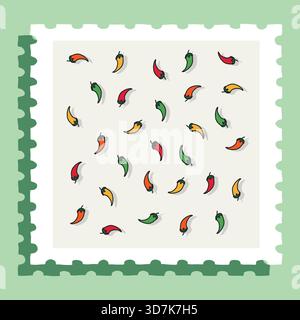 Scattered colorful chili peppers pattern illustration on postage stamp Stock Vector
