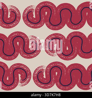 Abstract ethnic style thick wavy lines seamless pattern in red on beige background Stock Vector