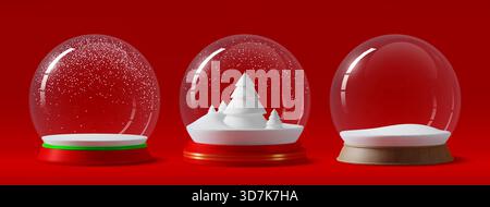 3d glass snow balls with winter fir trees and snowy hills. Vector realistic Christmas snowball globes, New Year holiday snow balls decorations with glossy transparent glass domes and round bases Stock Vector