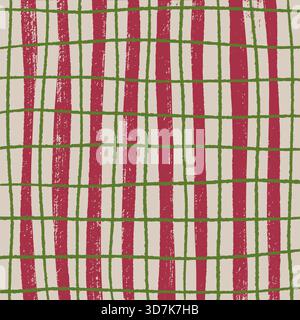 Grunge red vertical stripes and green grid seamless pattern Stock Vector