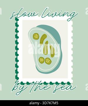 Pickled cucumbers in brine illustration on postage stamp with slow living text Stock Vector