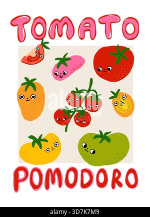 Cute cartoon tomato characters poster with tomato pomodoro typography text Stock Vector