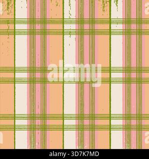 Distressed grunge plaid tartan seamless pattern in pink orange and green Stock Vector
