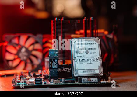 different types of computer drives, hard disk drives and m2 drives of different generations, data transfer, read and write speed. Stock Photo