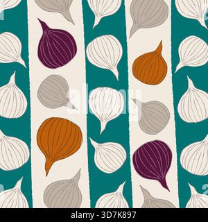 Seamless pattern with colorful onions on teal and white stripes Stock Vector