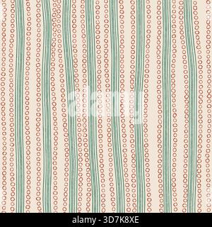 Organic hand drawn wavy lines and circles seamless pattern in green and orange Stock Vector