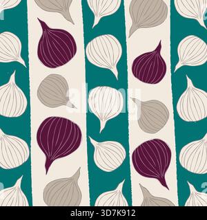 Seamless pattern with purple and grey onions on teal and white stripes Stock Vector