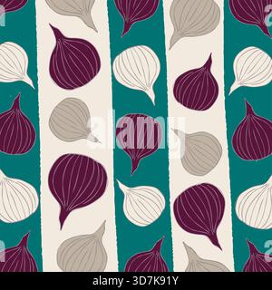 Seamless pattern with purple and grey onions on teal and white stripes Stock Vector