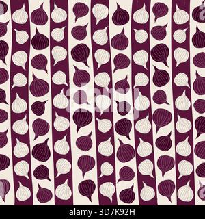 Seamless pattern with purple and white onions on vertical stripes Stock Vector