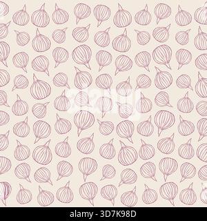 Simple purple outline sketch onions seamless pattern on beige background Stock Vector