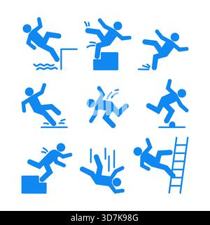 Set of caution symbols with falling stick figure man. He falls down the ...