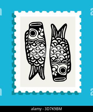 Stylized black koi fish illustration on a postage stamp with turquoise background Stock Vector