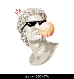 Ancient statue bust with pixel sunglasses blowing bubble gum in trendy pop art meme style. Perfect for poster, streetwear, branding. Vector EPS10 graphics. Stock Vector