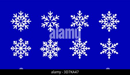 A set of modern geometric snowflakes with bold and sharp lines. Snowflake icons isolated on a deep blue background. Winter holiday decorative design elements. Vector EPS10 graphics. Stock Vector