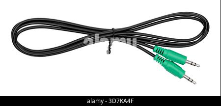 AUX audio cable (auxiliary cable) with two connectors isolated on white background. Stock Photo