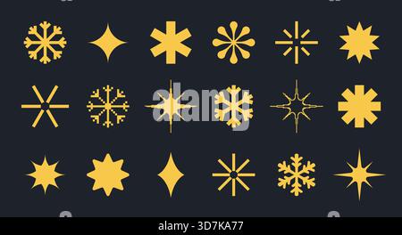 A set of modern geometric shapes of snowflakes and sparks. Gold icons isolated on black background. Winter holiday decorative design elements. Vector EPS10 graphics. Stock Vector