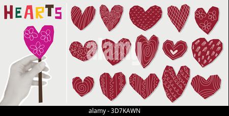 Set of hearts in style of cut paper shapes. Hand drawn messy hearts with jagged edges, decorated with patterns. Stickers for Valentines Day collages Stock Vector