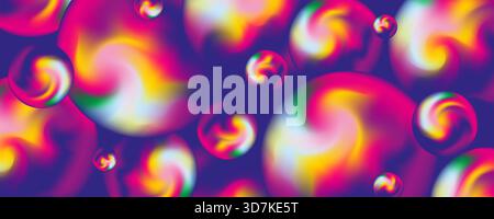 Vibrant blurred gradient spheres and bubbles with swirling rainbow gradientsin neon colors on dark purple background. Psychedelic holographic pattern, Stock Vector
