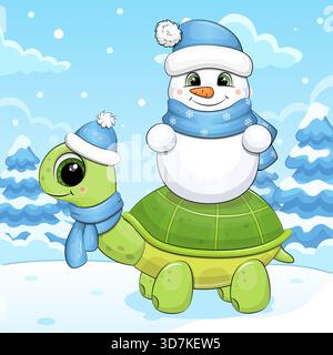 Cute cartoon Tortoise and Snowman in winter. Vector Illustration of Animals in nature on a blue background with snow. Stock Vector