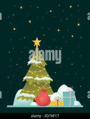 Outdoor Scene with Decorated Christmas Tree, Gift Boxes and Snowdrifts on Night Snowy and Starry Background. Perfect for Invitations, Postcards, Banne Stock Vector