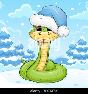 Cute cartoon Green Snake with hat in winter. Vector Illustration of Animal in nature on a blue background with snow. Stock Vector