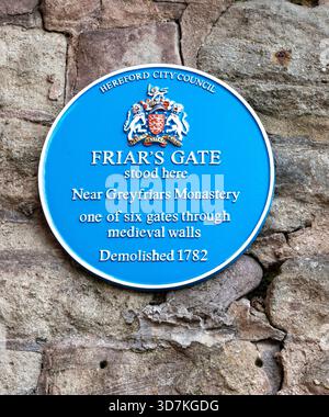 Hereford City Council blue plaque where Friars Gate once stood, Hereford, Herefordshire, England, UK Stock Photo