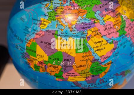 Globe focusing on the african continent, european countries and the middle east, representing travel, education and geography Stock Photo