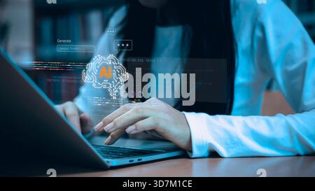 Woman typing on laptop with artificial intelligence interface, machine learning data, coding elements, and digital innovation concept for technology, Stock Photo