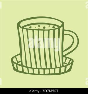A charming doodle-style striped teacup and saucer set, brimming with vibrant matcha green tea, elegantly placed on a serene light green background. Pe Stock Vector