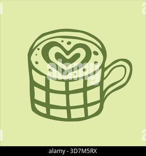 A stylish plaid mug filled with a rich matcha latte, topped with lovely heart-shaped foam art, resting on a serene light green backdrop. Ideal for caf Stock Vector