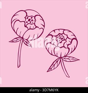 Charming doodle-style pink peony flowers, beautifully illustrated on a gentle light pink background. Perfect for elegant floral designs, wedding invit Stock Vector