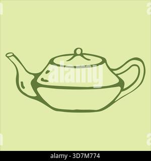 Elegant matcha green tea teapot, showcasing traditional design, resting on a tranquil light green background. Stock Vector