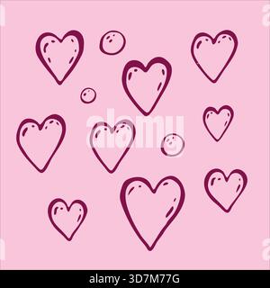 Charming doodle-style pink hearts and playful bubbles, beautifully scattered on a gentle light pink background. Stock Vector