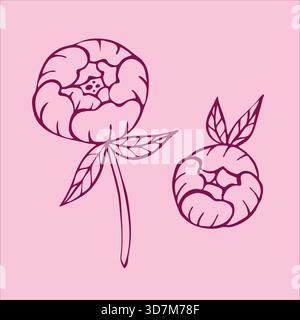 Charming doodle-style pink peony flowers, beautifully illustrated on a gentle light pink background. Stock Vector