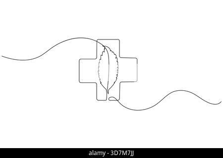 Medical cross and leaf continuous single line drawing Stock Vector