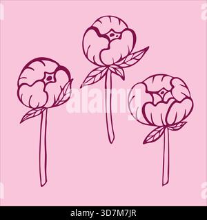 Charming doodle-style pink peony flowers, beautifully illustrated on a gentle light pink background. Stock Vector