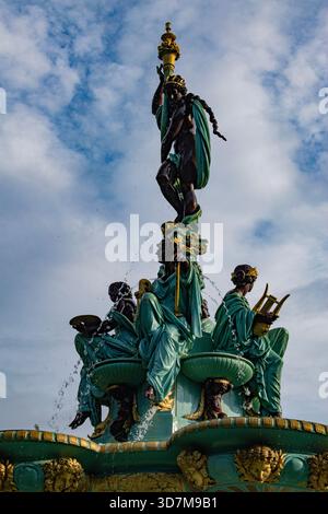 Edinburgh, Scotland: details of Ross Fountain, 1872 cast-iron fountain in West Princes Street Gardens representing science, arts, poetry and industry Stock Photo