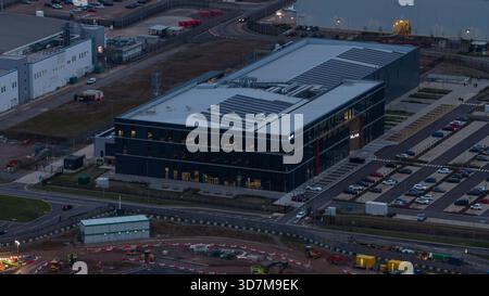 Cardiff, South Glamorgan, Wales, October, 30, 2025: KLA Cardiff: Aerial Photo of Process Control Facility at data center complex. Stock Photo