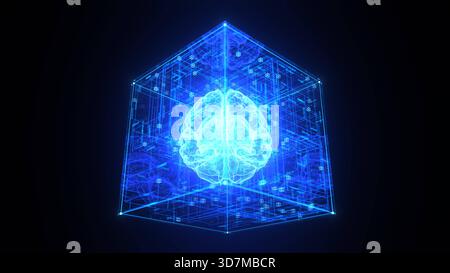 3d illustration of the AI brain inside the digital box Digital brain, as a synonym for artificial intelligence, trapped in the mindset. 3D illustratio Stock Photo