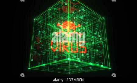 3d illustration of the Virus Warning inside the digital box. Virus Warning digital box. 3d illustration. Stock Photo