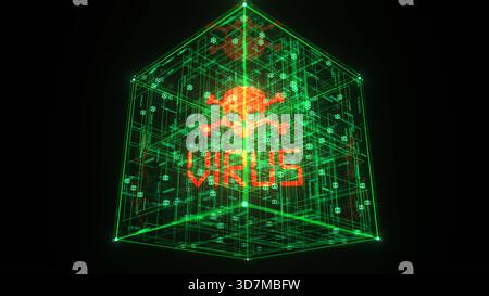 3d illustration of the Virus Warning inside the digital box. Virus Warning digital box. 3d illustration. Stock Photo