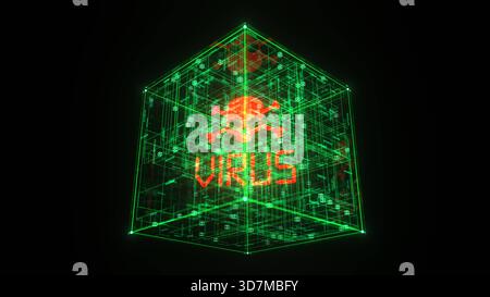 3d illustration of the Virus Warning inside the digital box. Virus Warning digital box. 3d illustration. Stock Photo