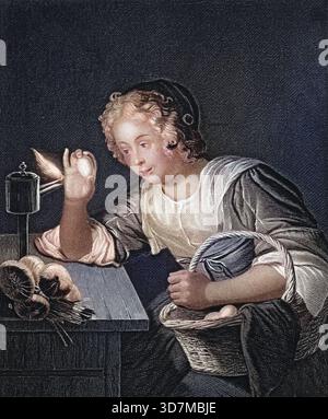 Die Eierprobe, Kind betrachtet neugierig ein Hühnerei, das in einem dunklen Raum durch eine Kerze beleuchtet, nach einem Gemälde von Godefried Schalke Stock Photo