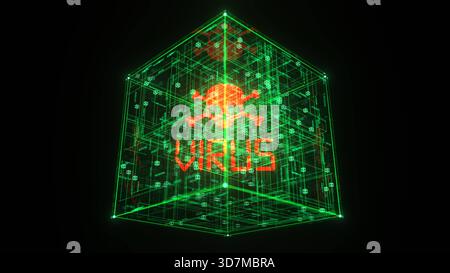 3d illustration of the Virus Warning inside the digital box. Virus Warning digital box. 3d illustration. Stock Photo
